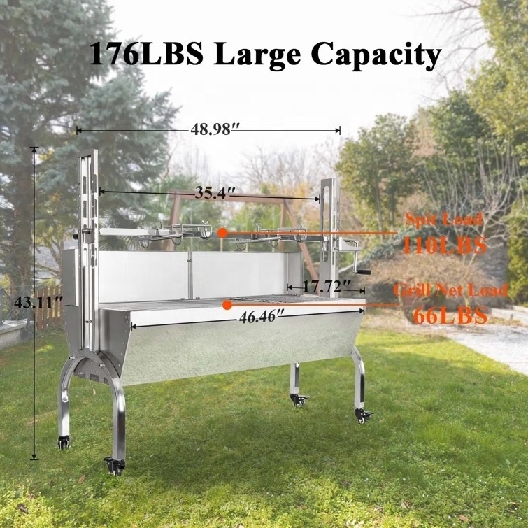 118Cm Large Outdoor Stainless Hog Lamb Charcoal Rotating Industrial Home Barbeque BBQ Grill Rotisserie Spit Roaster