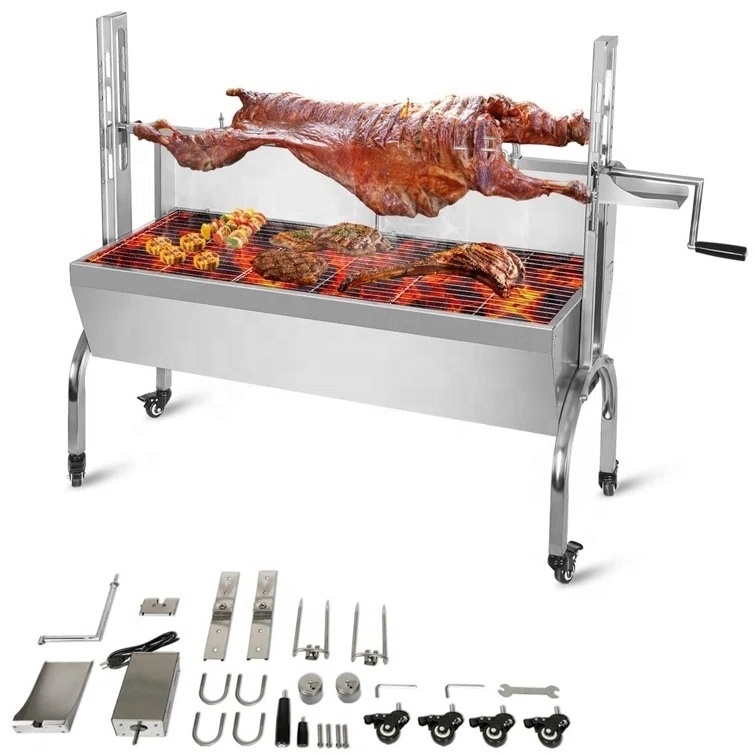 118Cm Large Outdoor Stainless Hog Lamb Charcoal Rotating Industrial Home Barbeque BBQ Grill Rotisserie Spit Roaster