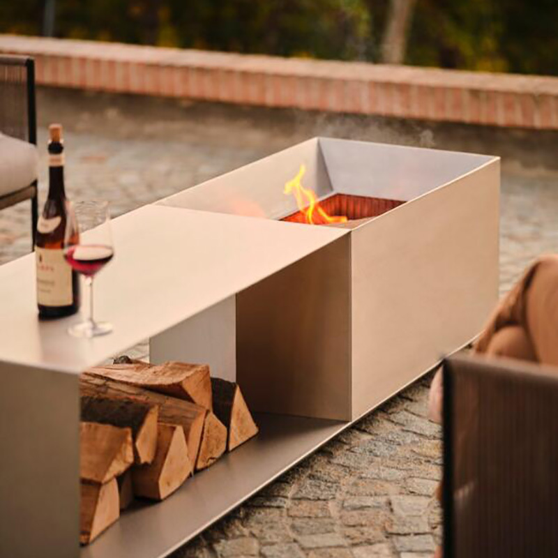 Modern Rectangular Garden Outdoor Stainless Steel Fire Pit Firepit Table with Firewood Storage