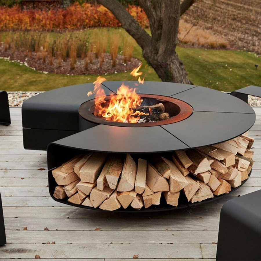 Custom Black Steel Burning Patio Backyard Indoor Outdoor Firepit Burner with Wood Storage New Decorative Round Fire Pit Table