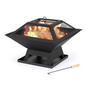 Outdoor Garden Fire Pit Firepit Brazier Burner Square Stove with Protective Mesh Spark Guard Cover Outdoor Heater with BBQ Grill