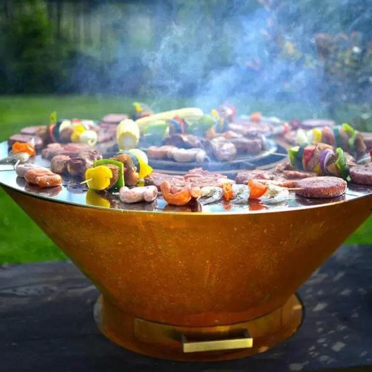 Outdoor Large BBQ Flat Top Grill Cooking Fire Bowl Pits Top Sell Rust Corten Steel China Round Barbecue Grill