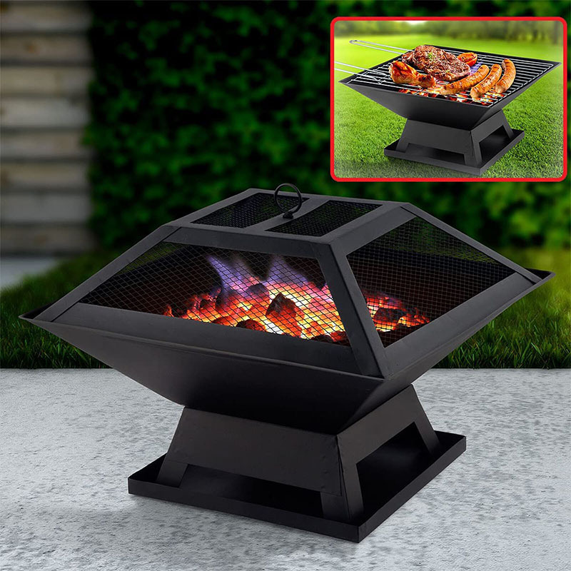 Outdoor Garden Fire Pit Firepit Brazier Burner Square Stove with Protective Mesh Spark Guard Cover Outdoor Heater with BBQ Grill