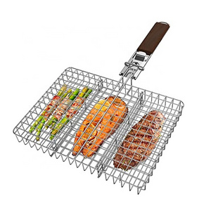 Customized Quality Barbecue Kits Wood Handle Nonstick Solid Stainless Steel Bbq Grill Basket