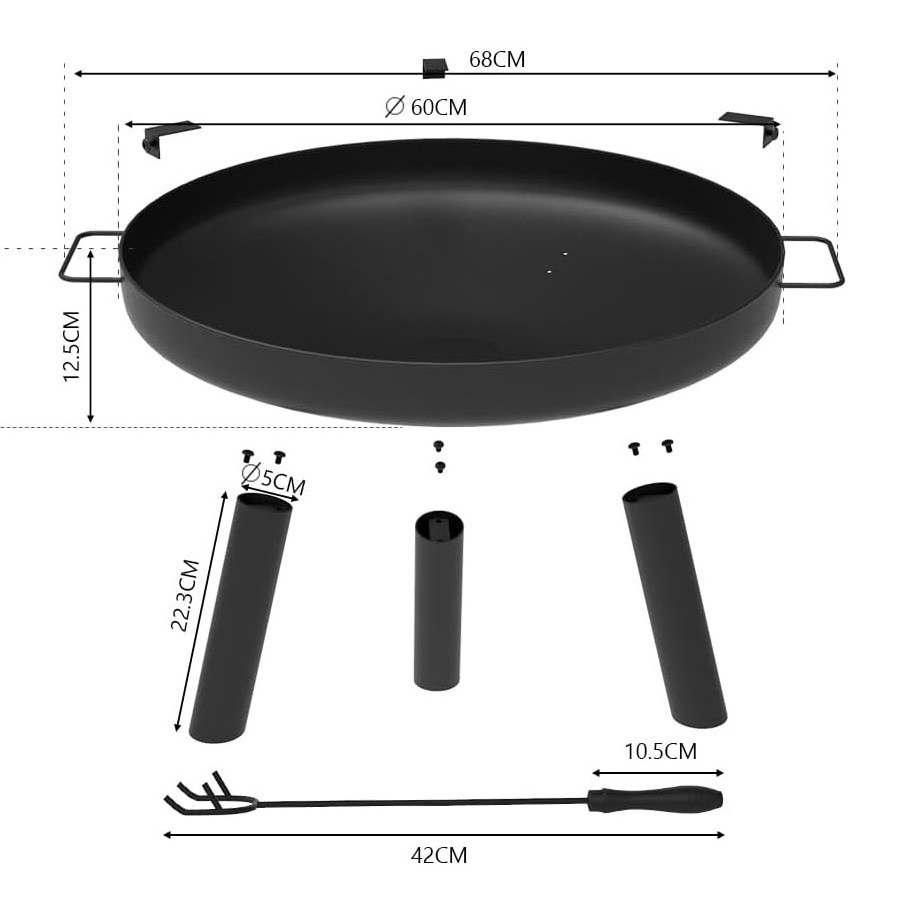 Custom 60cm Outdoor Metal Black Round Portable Charcoal Steel Fire Bowl Camp Fire Pit with 3 Legs