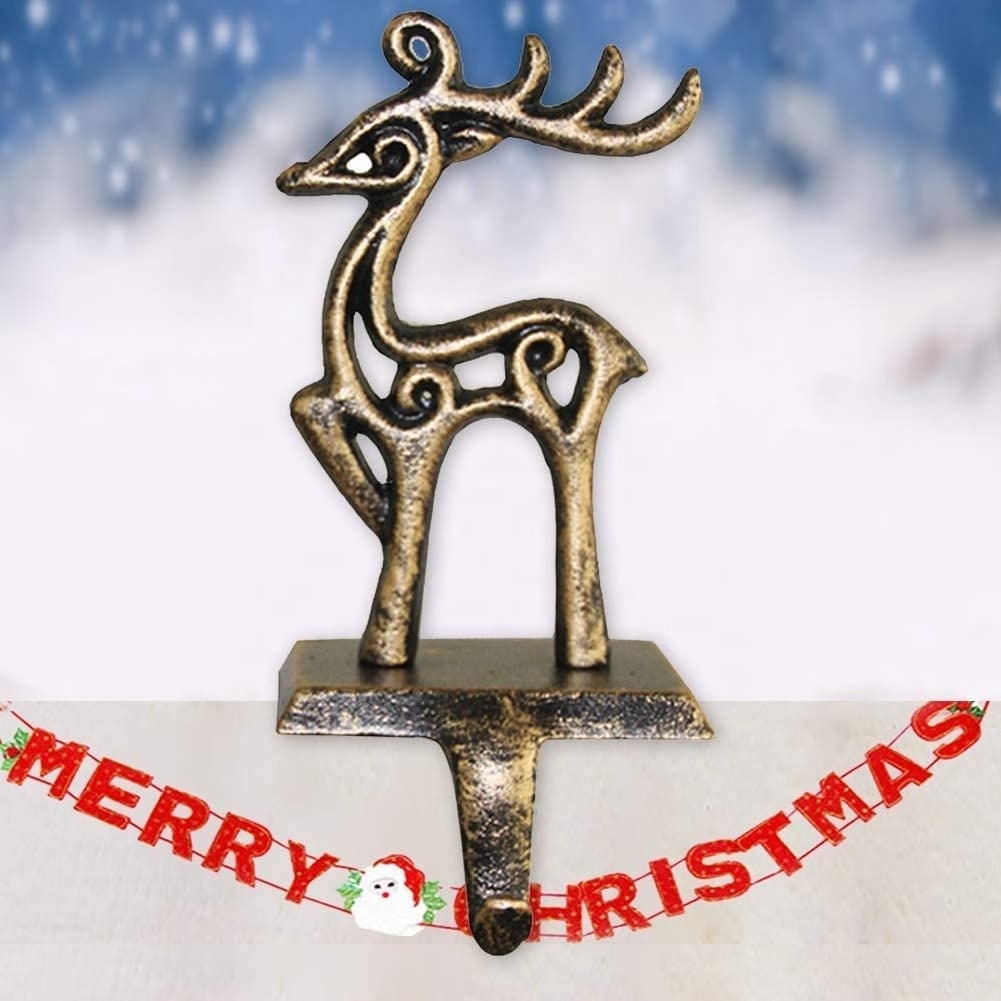 4 Pcs Christmas Stocking Holders Set for Fireplace Mantle Metal Snowman Santa Snowflake Reindeer Free Standing Stocking Hook