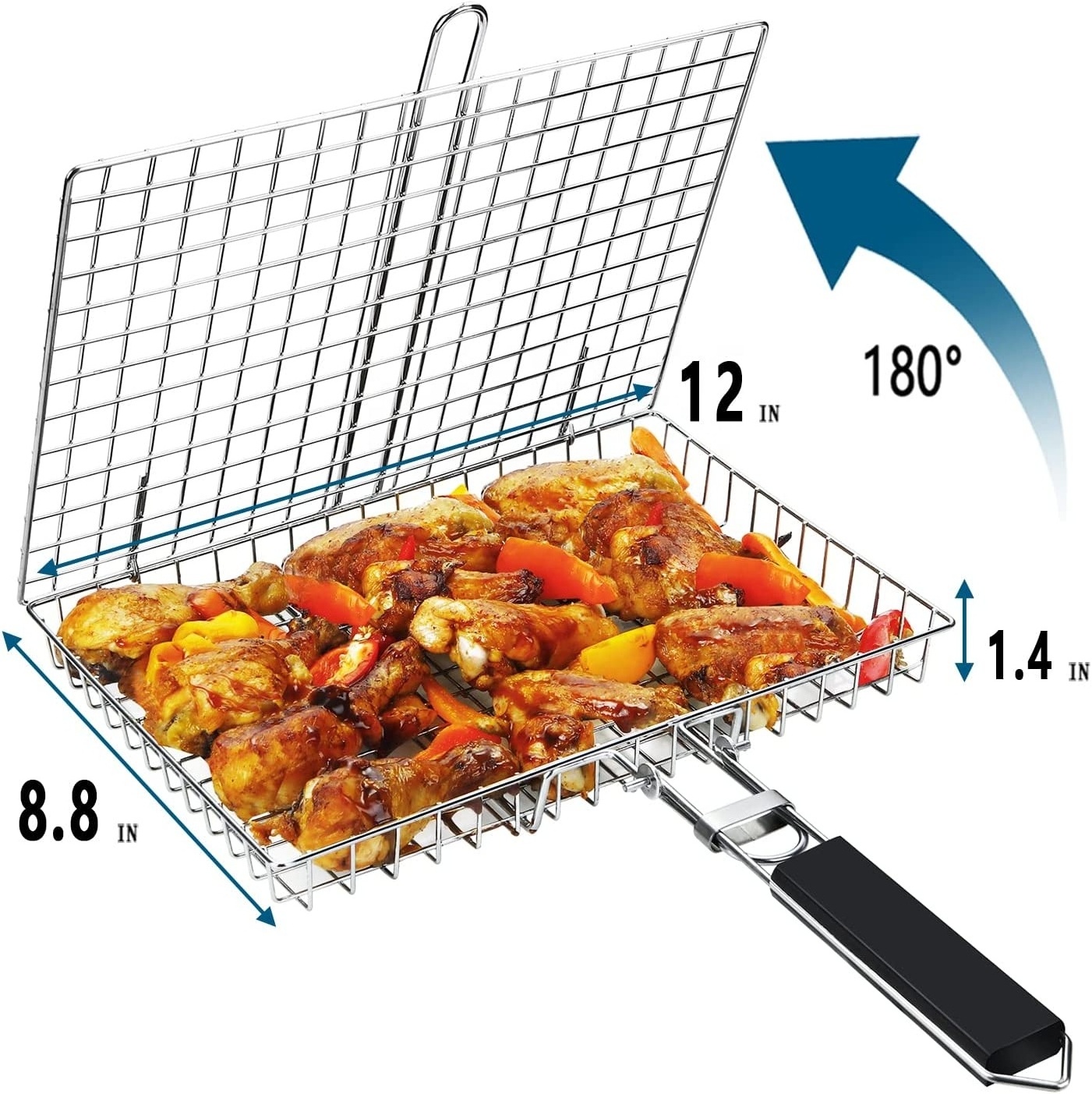 Customized Quality Barbecue Kits Wood Handle Nonstick Solid Stainless Steel Bbq Grill Basket