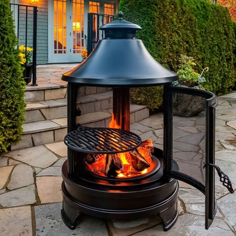 Outdoor Backyard Garden BBQ Fire Pit with Chimney Unique Decorative Cold Rolled Steel Firepit Fireplace