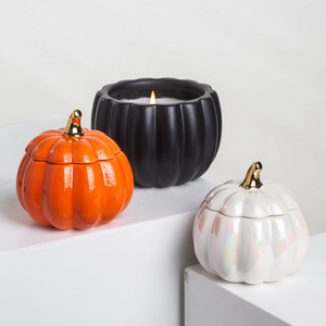 YUANWANG Custom Bougies Pumpkin Wholesale Candle Vessels Ceranic Empty Black Candle Jar With Lid