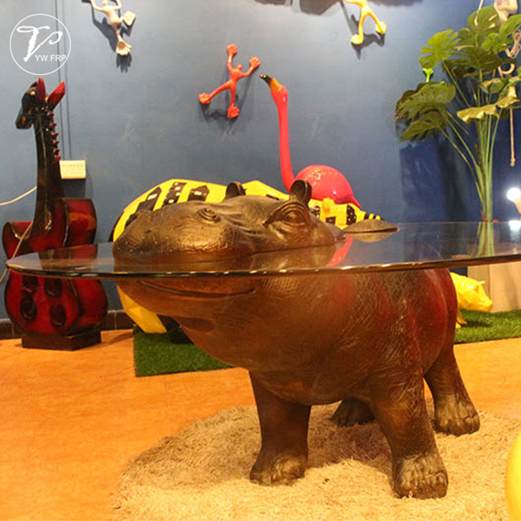 Creative fiberglass hippo animal statue shape coffee table with round glass table tops