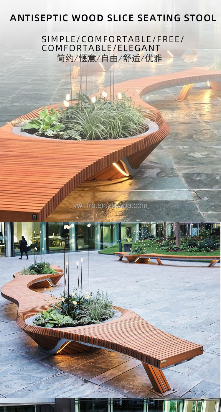 Street Wood Bench Leisure Lounge Benches In Shopping Mall With Planter