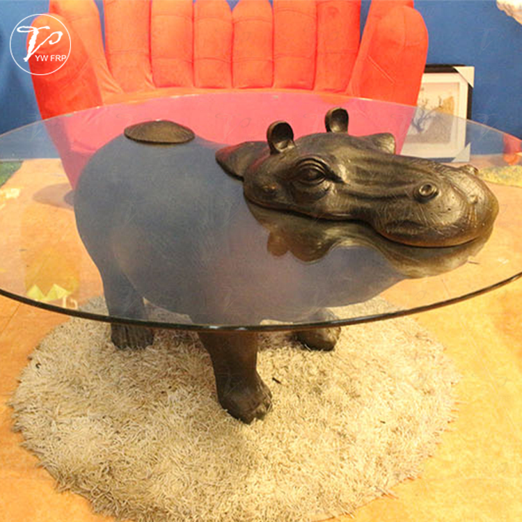 Creative fiberglass hippo animal statue shape coffee table with round glass table tops