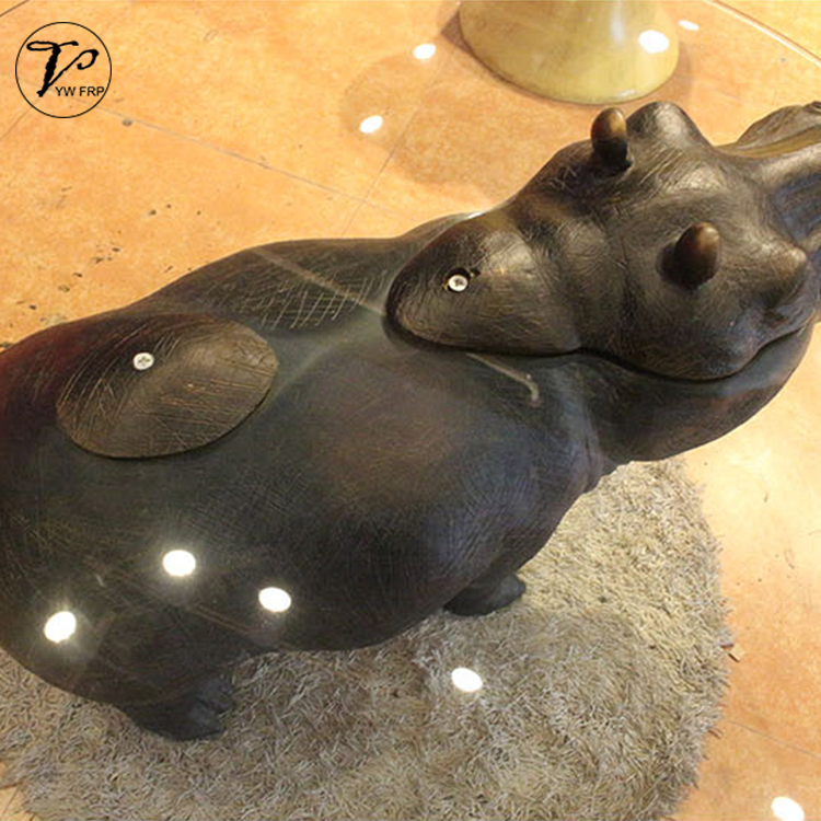 Creative fiberglass hippo animal statue shape coffee table with round glass table tops