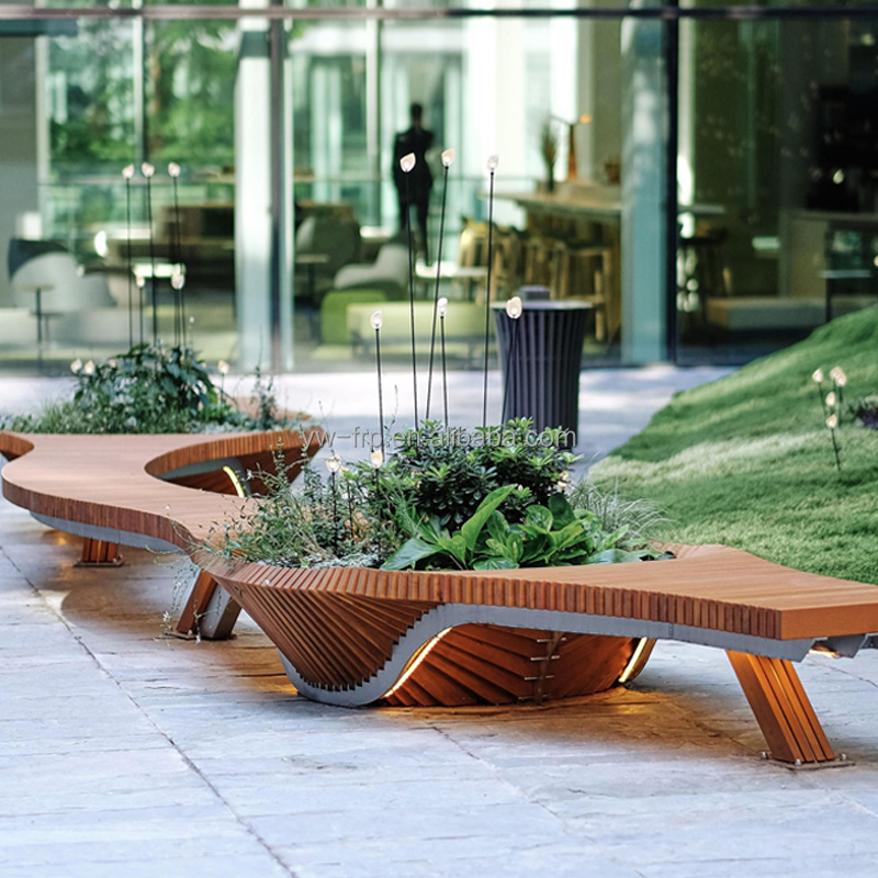 Street Wood Bench Leisure Lounge Benches In Shopping Mall With Planter