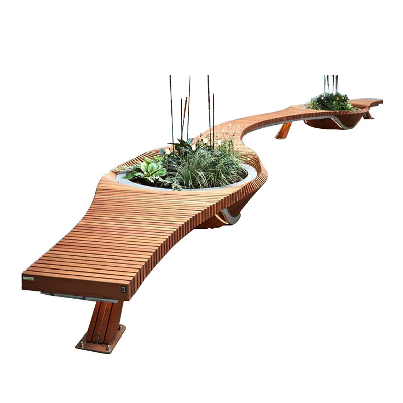 Street Wood Bench Leisure Lounge Benches In Shopping Mall With Planter