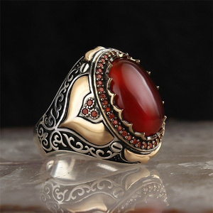 Men's Silver Vintage Mens Real Ruby Stone Ring Jewelry Zircon Electroplated Stainless Steel for Men Two Color Carved Inlaid Red