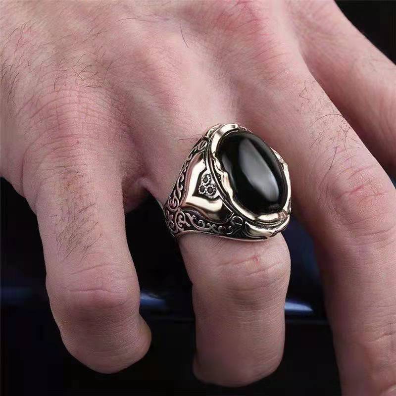 Men's Silver Vintage Mens Real Ruby Stone Ring Jewelry Zircon Electroplated Stainless Steel for Men Two Color Carved Inlaid Red