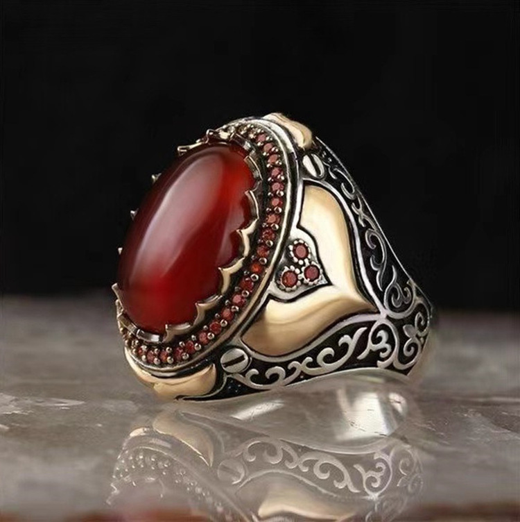 Men's Silver Vintage Mens Real Ruby Stone Ring Jewelry Zircon Electroplated Stainless Steel for Men Two Color Carved Inlaid Red