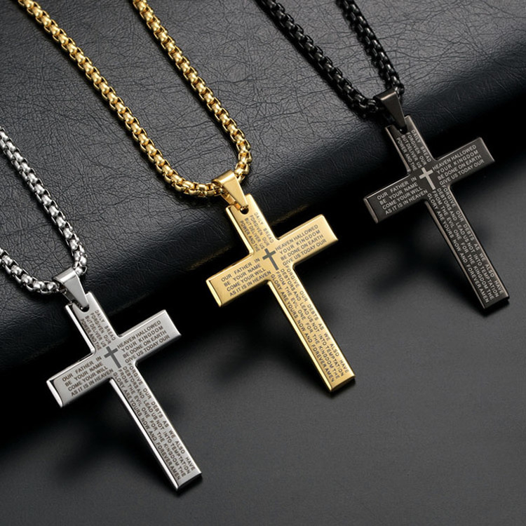 Spiritual Metal Christian Black Jesus Gold Plated Chain Religious Stainless Steel Mens Cross Pendant Necklaces Jewelry For Men