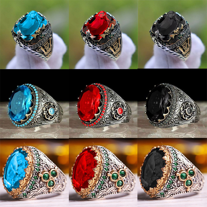 Luxury Multiple Colors Saudi Arabic Mens Fashion Stainless Steel Thai Silver Gemstone Jewelry Rings