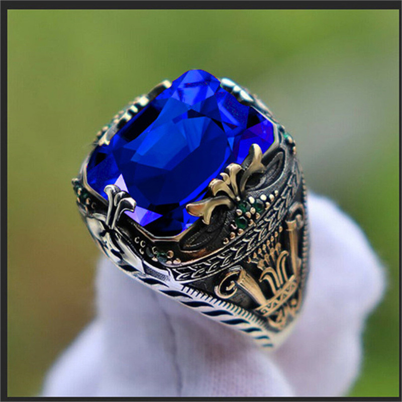 Luxury Multiple Colors Saudi Arabic Mens Fashion Stainless Steel Thai Silver Gemstone Jewelry Rings