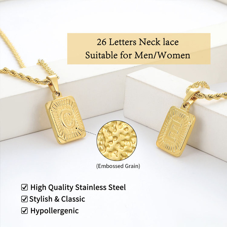 Bulk Square Men Twist Alphabet 26 Initial letter Stainless Steel 18k Gold Plated Jewelry Initial Necklace Twisted Rope Chain