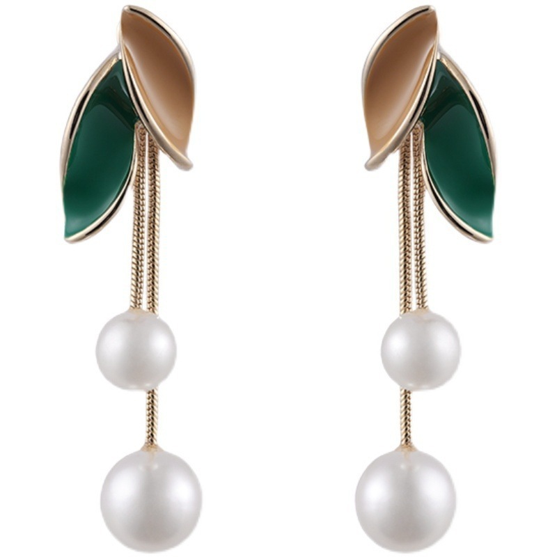 Cute Creative Korean Vintage Gold Jewelry Leaf Tassel Unique Drop Dangle Dangling Ball Pearl Earrings For Womens