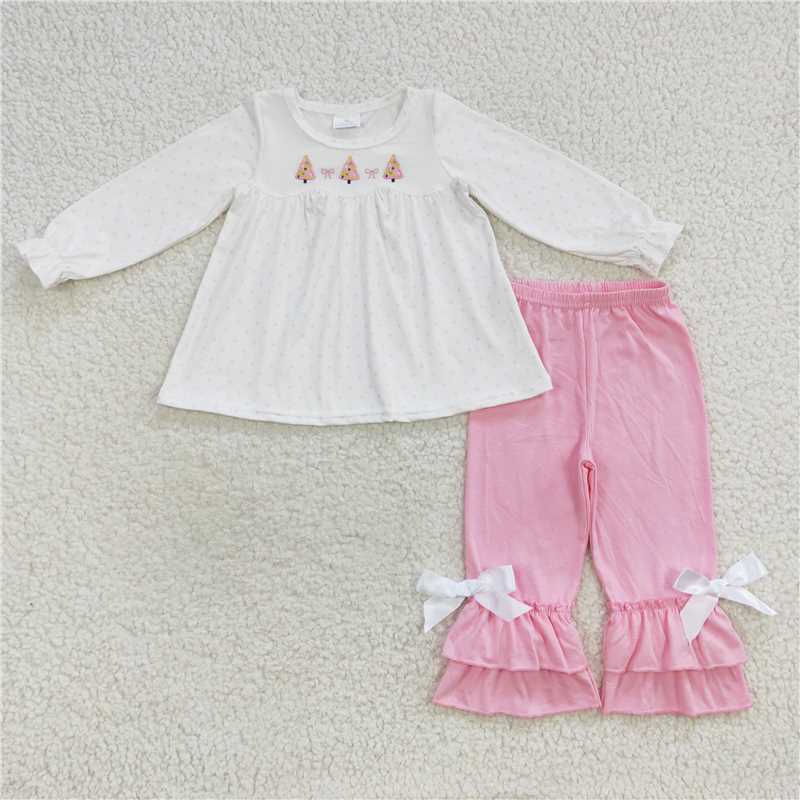 GBO0165 Embroidered Christmas tree bow polka dot pink and white long-sleeved top panty suit toddler girl clothes Christmas