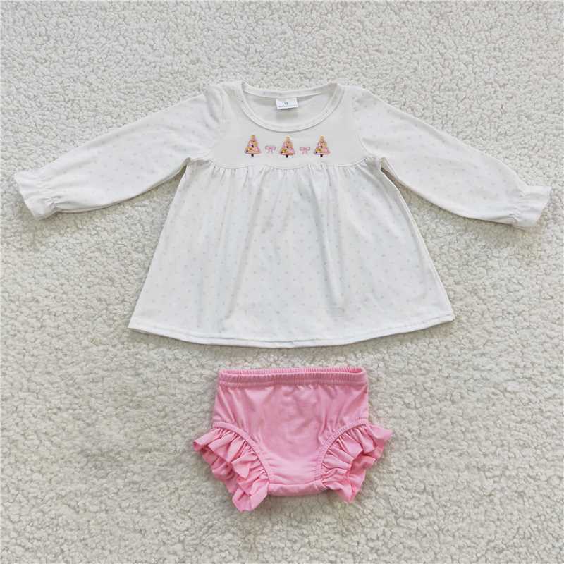 GBO0165 Embroidered Christmas tree bow polka dot pink and white long-sleeved top panty suit toddler girl clothes Christmas