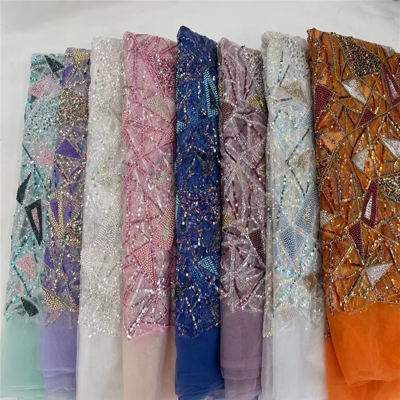 Custom 100% Polyester Cheap Wedding Lace Fabric Heavy Handmade Beaded Sequins lace Fabric