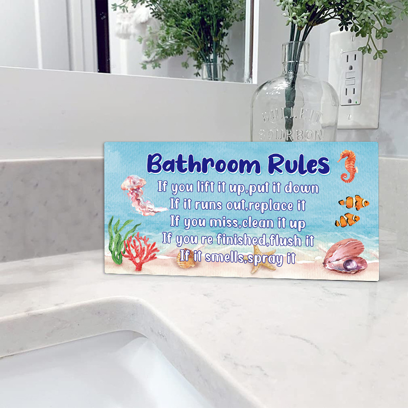 Funny Seashell Beach Bathroom Rules Plaque Board Seaside Ocean Restroom Wall Decor Wooden Hanging Sign