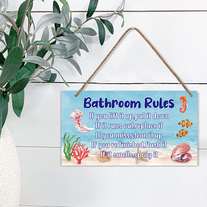 Funny Seashell Beach Bathroom Rules Plaque Board Seaside Ocean Restroom Wall Decor Wooden Hanging Sign