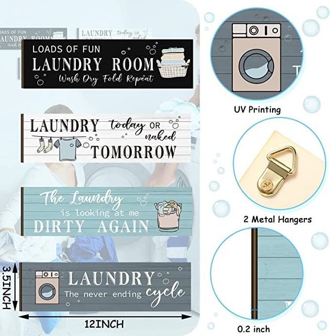 4 Pcs Wall Mounted Laundry Room Wooden Sign Rustic Farmhouse Funny Plaque Vintage Bathroom Laundry Rules Hanging Decor