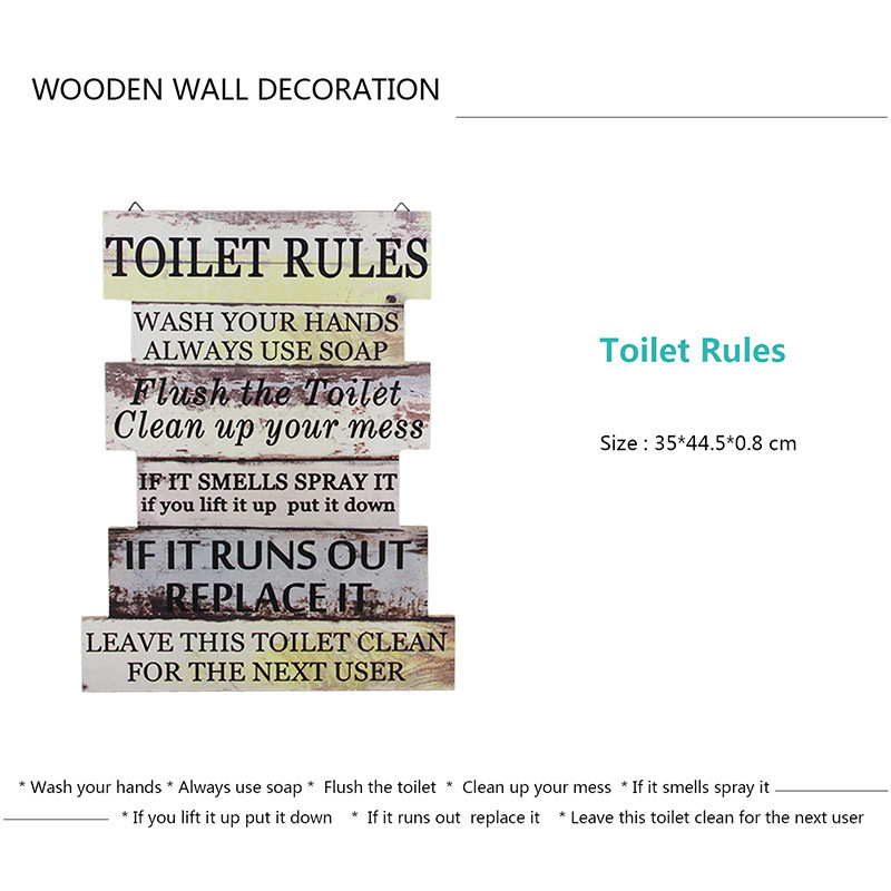 Rustic Home Bathroom Wall Hanging Decorative Wooden Toilet Rules Plaque Sign for Market Store Public Wash Clean Bath Decor