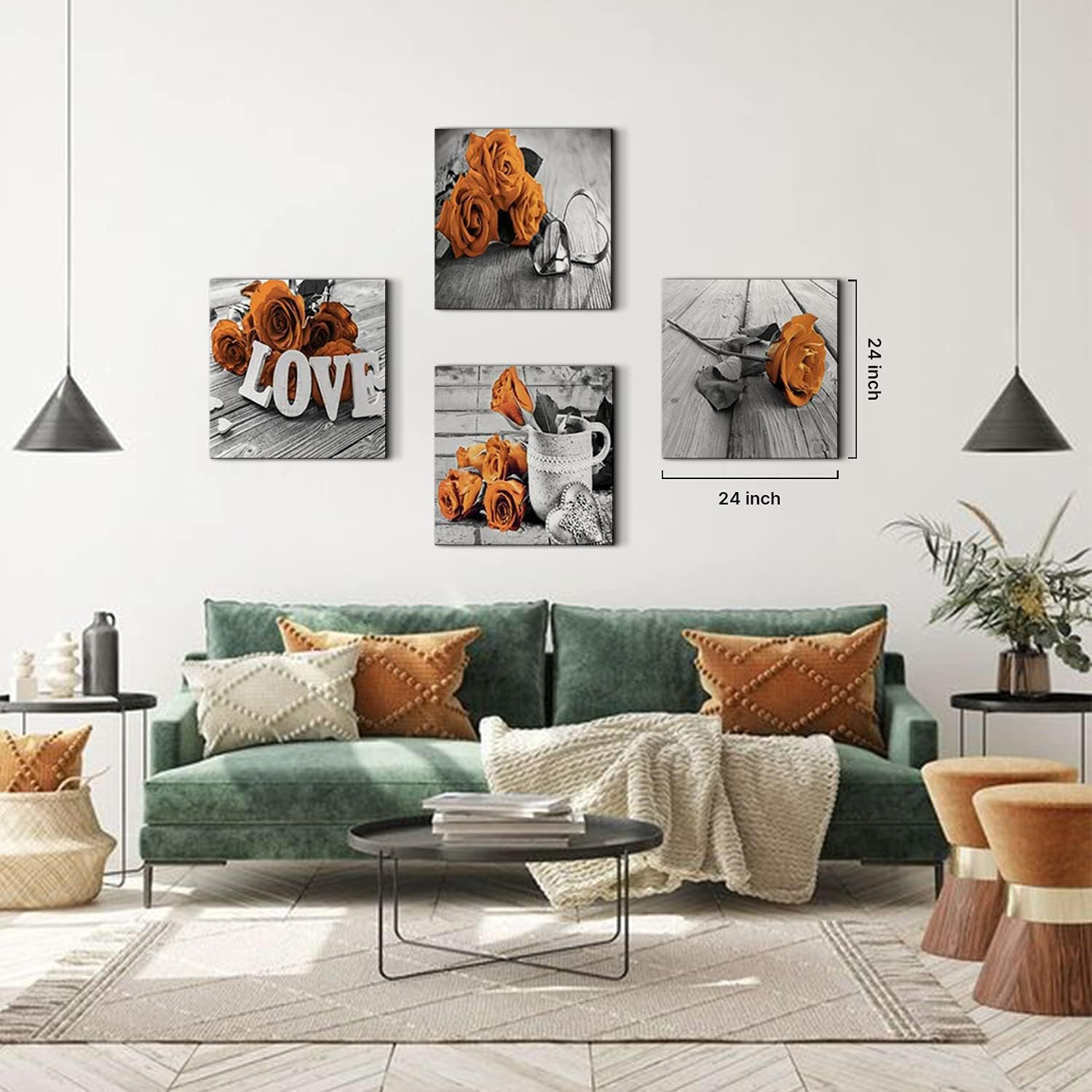 Burnt Orange Wall Art for Living Room Orange Decor Rose Flower Canvas Print Bathroom Pictures Black and White Bedroom Floral Pos