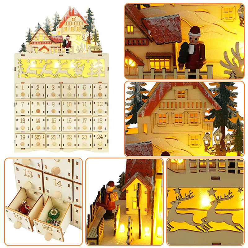 Creative Wooden Christmas Advent Calendar with 24 Opening Drawers and Led Light Family Xmas Holiday Advent Decorations