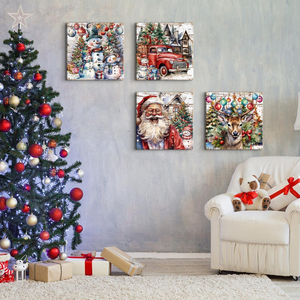 Christmas Wall Art Snowman Santa Claus Canvas Pictures Christmas Decorations Farmhouse Watercolor Deer Red Truck Wall Decor for