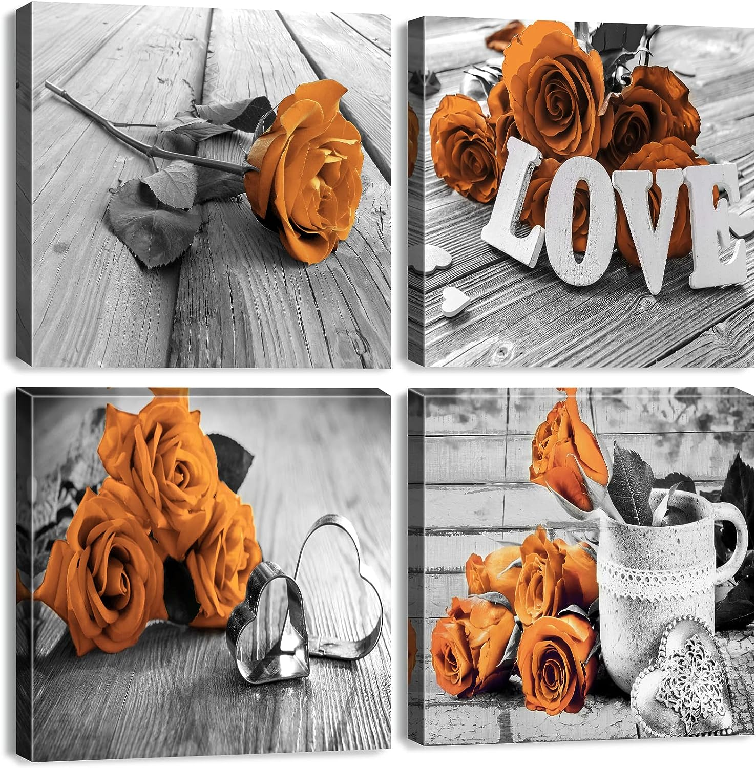 Burnt Orange Wall Art for Living Room Orange Decor Rose Flower Canvas Print Bathroom Pictures Black and White Bedroom Floral Pos