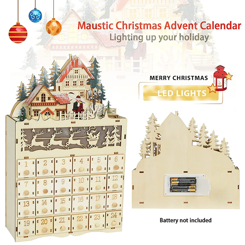 Creative Wooden Christmas Advent Calendar with 24 Opening Drawers and Led Light Family Xmas Holiday Advent Decorations