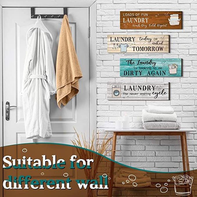 4 Pcs Wall Mounted Laundry Room Wooden Sign Rustic Farmhouse Funny Plaque Vintage Bathroom Laundry Rules Hanging Decor