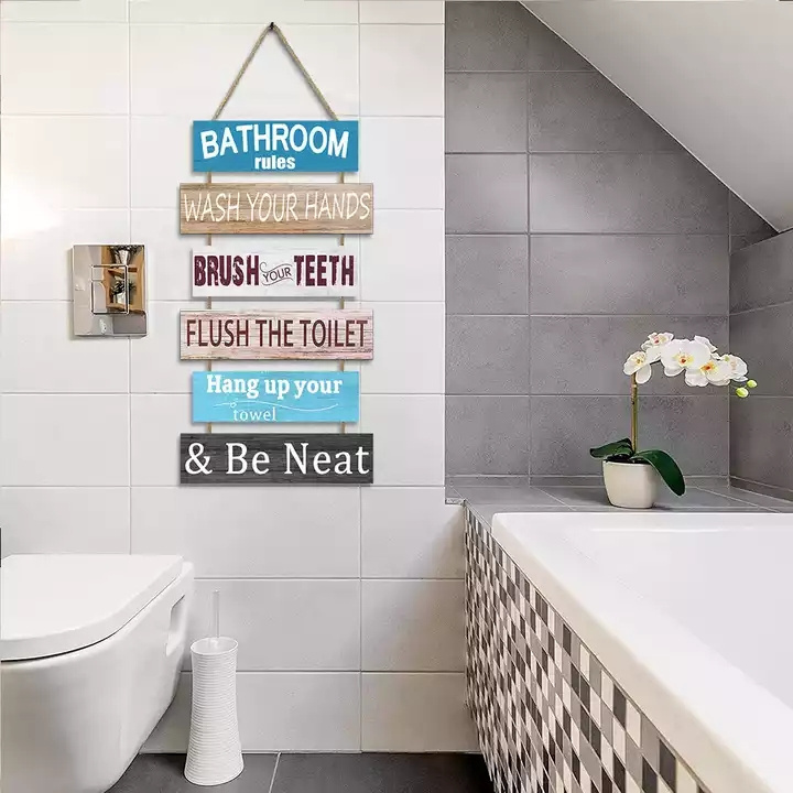 American Rustic Home Decor Bathroom Rule Sign Sublimation Large 7 pcs Hanging MDF Wooden Placard Family Bathroom Rule Sign