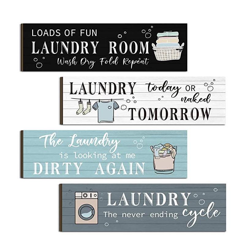 4 Pcs Wall Mounted Laundry Room Wooden Sign Rustic Farmhouse Funny Plaque Vintage Bathroom Laundry Rules Hanging Decor