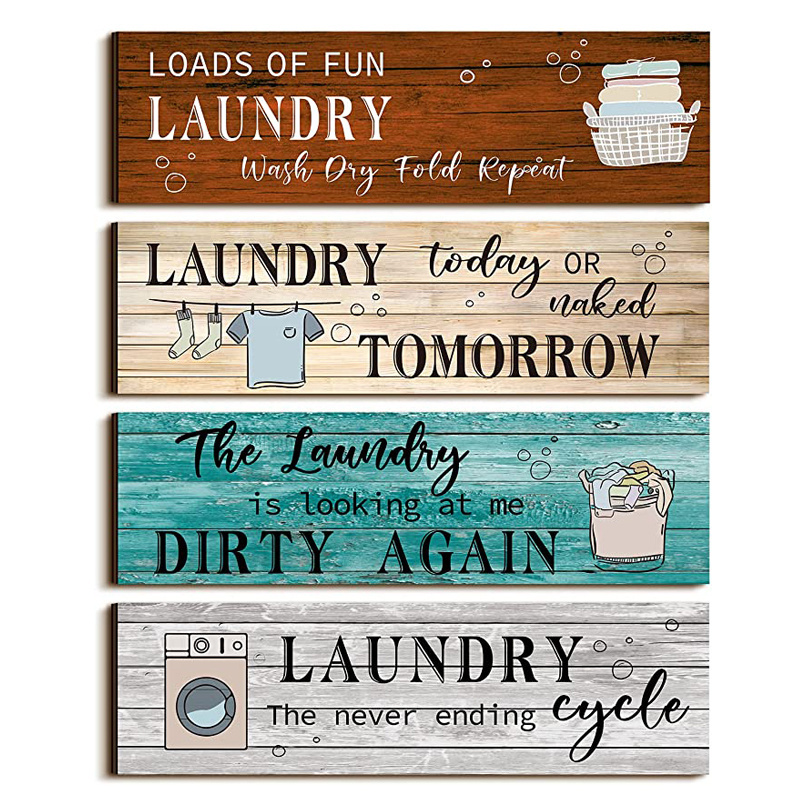 4 Pcs Wall Mounted Laundry Room Wooden Sign Rustic Farmhouse Funny Plaque Vintage Bathroom Laundry Rules Hanging Decor