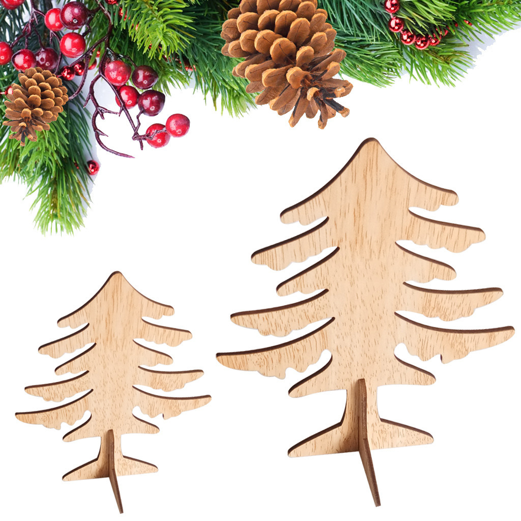 Wooden Christmas Tree Crafts Unfinished Natural Wood Cutouts Xmas Tree Ornament for Cabinet Bookshelf Decor