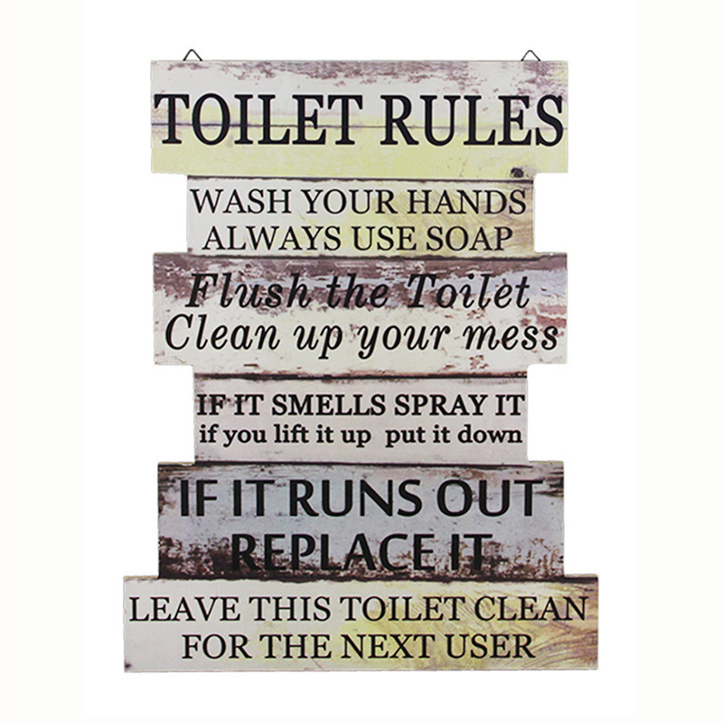 Rustic Home Bathroom Wall Hanging Decorative Wooden Toilet Rules Plaque Sign for Market Store Public Wash Clean Bath Decor