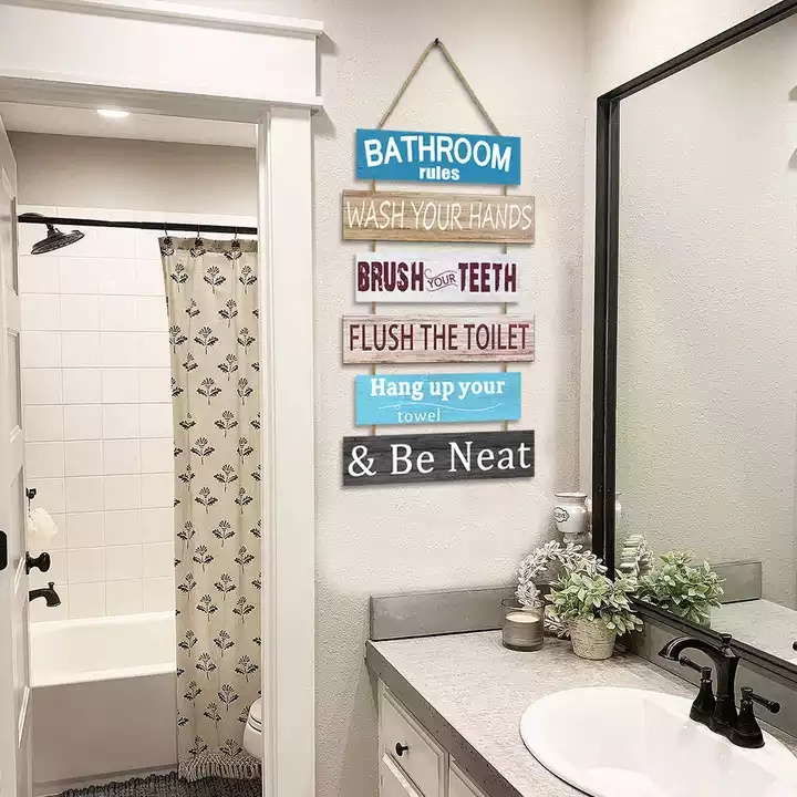 American Rustic Home Decor Bathroom Rule Sign Sublimation Large 7 pcs Hanging MDF Wooden Placard Family Bathroom Rule Sign