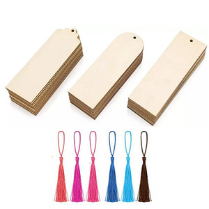 Wholesale unfinished wood hanging tags laser cut blank wooden bookmarks with hole and colored tassel rope 36 pack for DIY craft