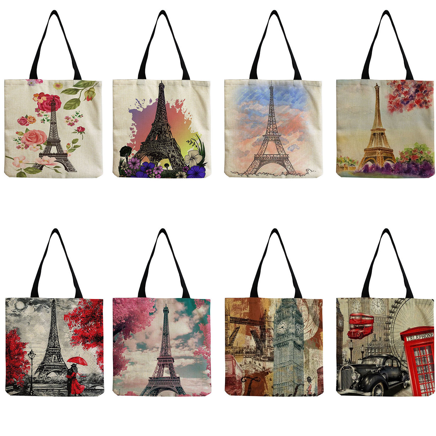 Eiffel Tower Printed Women Shoulder Bag Cheap Eco Reusable Beach Bags Low MOQ Polyester Handbag