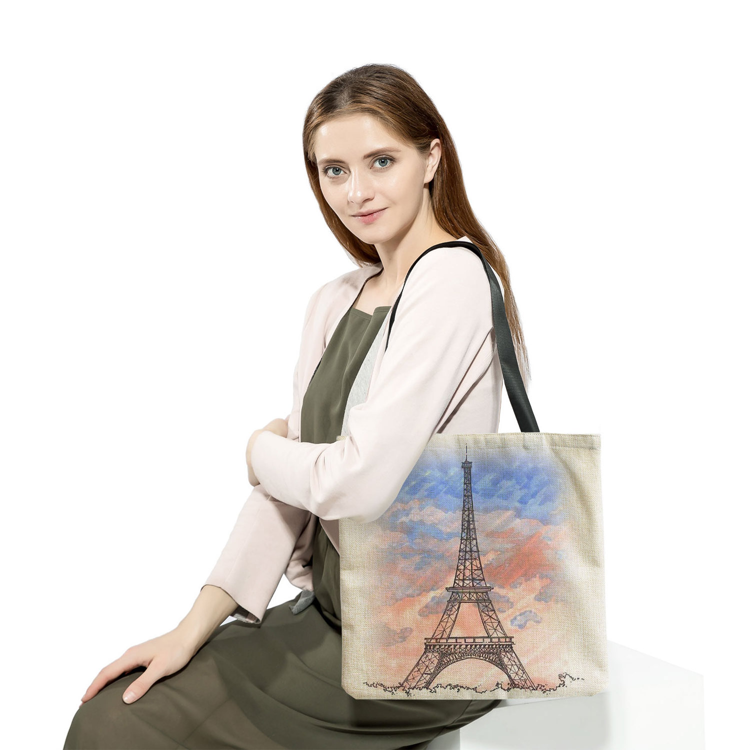 Eiffel Tower Printed Women Shoulder Bag Cheap Eco Reusable Beach Bags Low MOQ Polyester Handbag