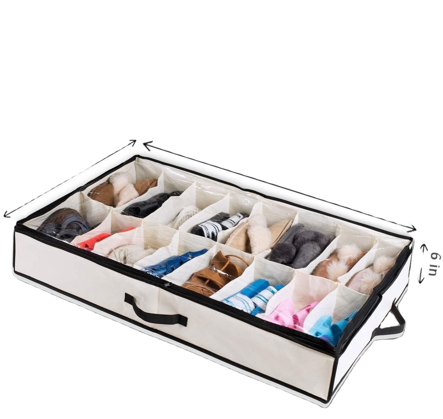 OEM Foldable Under Bed Bags Closet Shoe Storage Box Bed Bottom Shoes Organizer Fabric Sewing Sneakers Storage Box With Pvc Lid